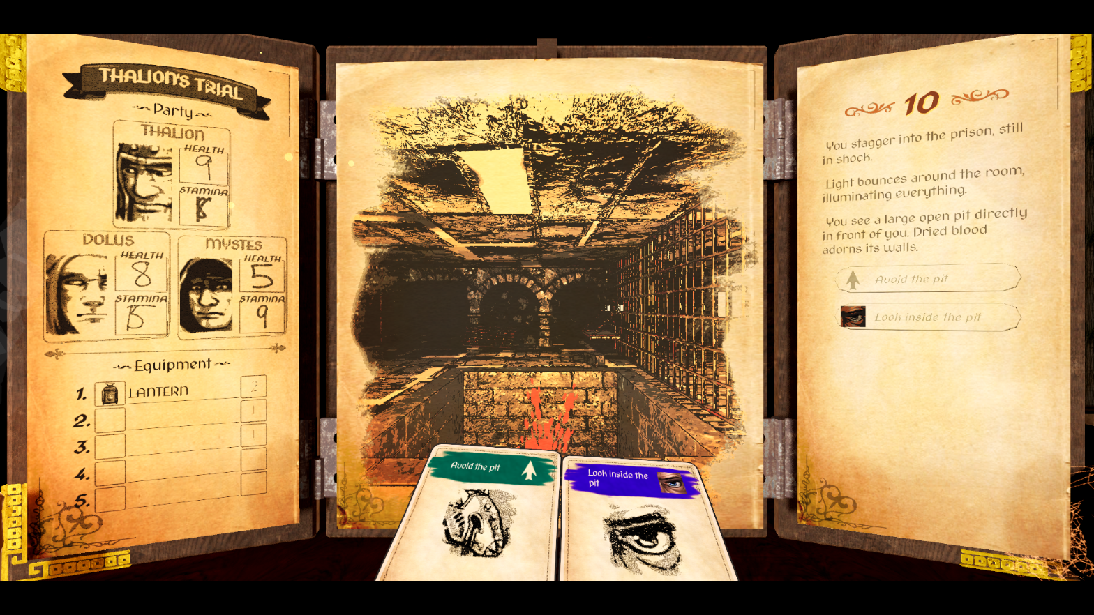 Trinoxis combines aspects of classic interactive game books, dungeon crawlers and dice-based combat.