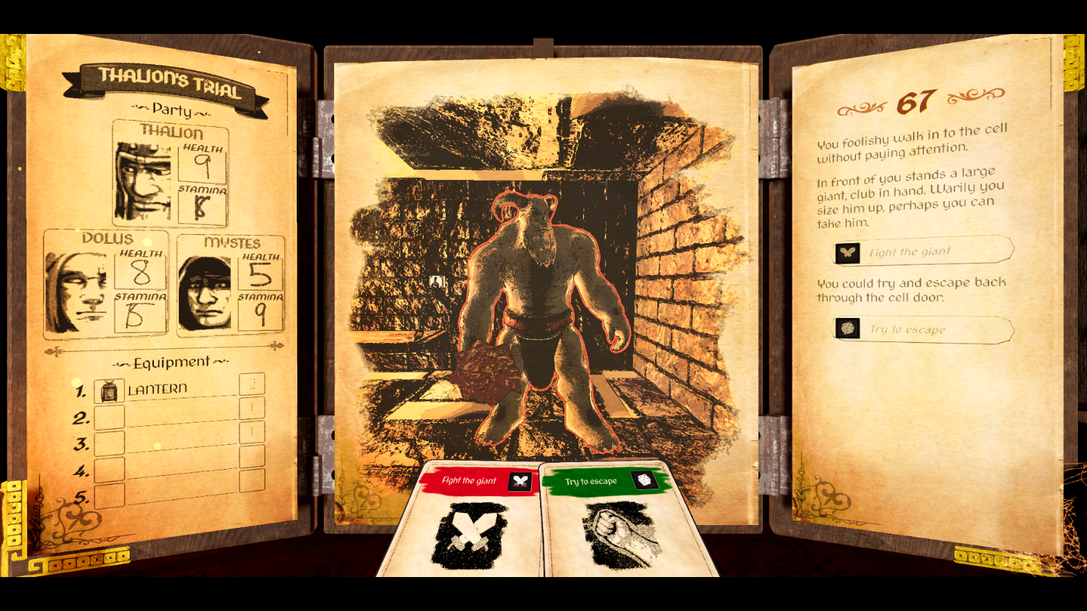 Trinoxis combines aspects of classic interactive game books, dungeon crawlers and dice-based combat.